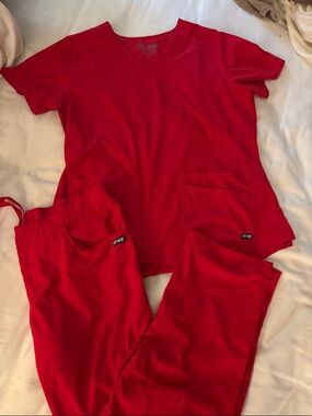 Grey's Anatomy Red Scrub Top & Drawstring/Elastic Pants Set